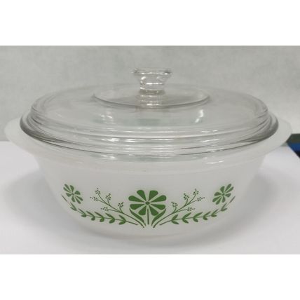 Vintage Glasbake Green Daisy Casserole Dish J514 With Lid - 10" MADE IN USA