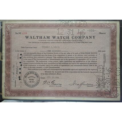 Vintage 1946 Certificate 100 Shares Waltham Watch Co , Signed, 20.5 x 30.5 cm