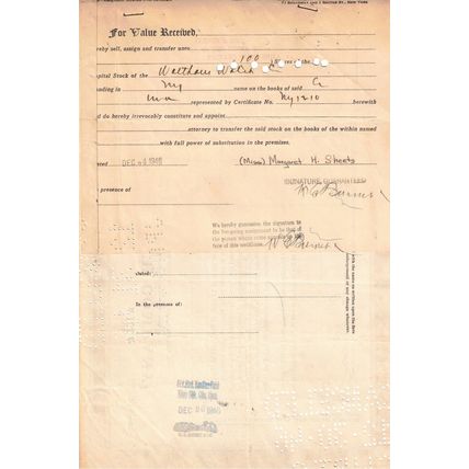 Vintage 1946 Certificate 100 Shares Waltham Watch Co , Signed, 20.5 x 30.5 cm