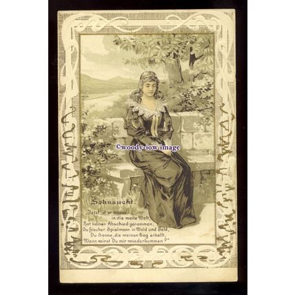 su3595 - Greetings - Embossed, Lady sat Alone, Poem by Sehnsucht - postcard