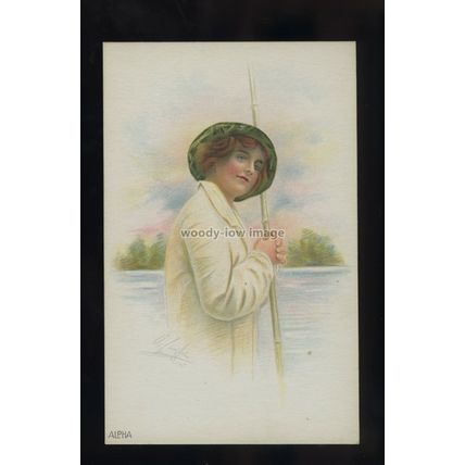 su3761 - Glamour - Alpha, Lady holding a Bamboo Pole , by U/K Artist - postcard