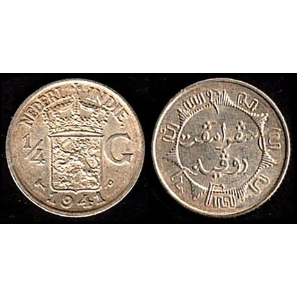 Netherlands East Indies Quarter Gulden 1941 1/4G Used Ag Coin Wilhelmina Dutch