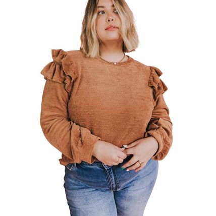 Brown Plus Size Solid Ruffled Tiered Long Sleeve Top