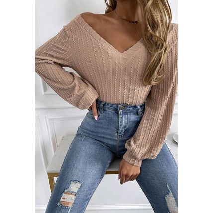 Khaki Knitted Jacquard V Neck Lantern Sleeve Top