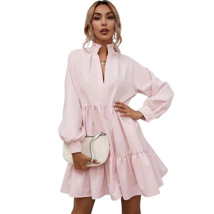 Pink Frilled Stand Collar Long Sleeve Ruffle Dress