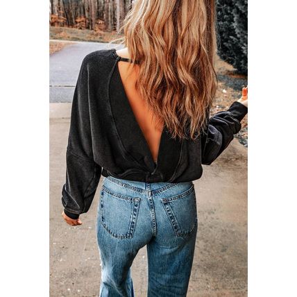Black Acid Wash V-shape Open Back Sweatshirt