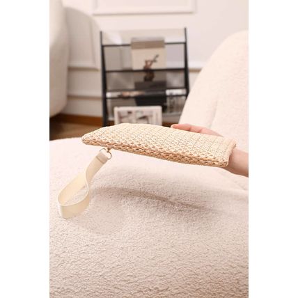 Beige Woven Zipper Wrist Strap Square Handbag