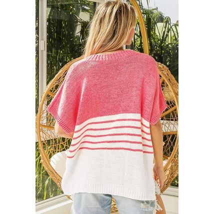 Strawberry Pink Contrast Stripes V Neck Knitted Short Sleeve Top