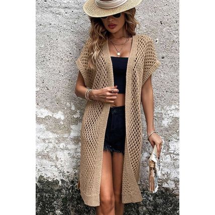 Camel Batwing Sleeve Pointelle Knit Open Front Cardigan