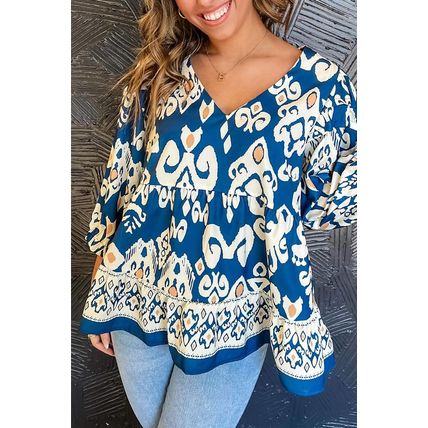Blue Tribal Geometric Print 3/4 Sleeve Flowy Fit Blouse