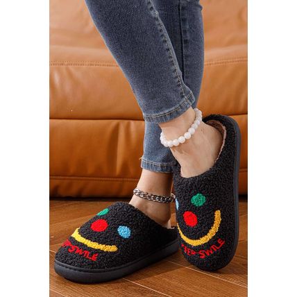 Black Keep Smile Printed Sherpa Home Slippers