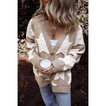Khaki Sherpa Star Pattern Textured Sweater Cardigan with Pockets