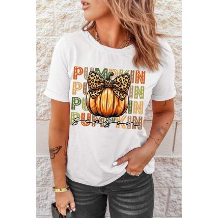 White PUMPKIN Season Leopard Bow Print Crew Neck T Shirt