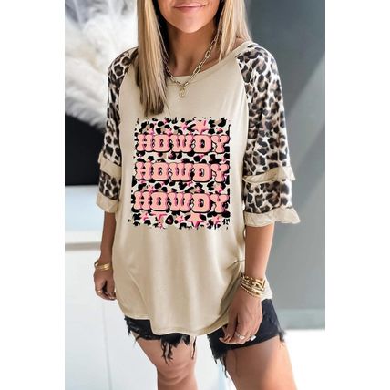 Apricot HOWDY Leopard Print Tiered Ruffled 3/4 Sleeve Tee