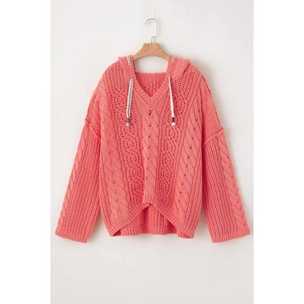 Gold Flame Cable Knit V Neck Contrast Drawstring Hooded Sweater