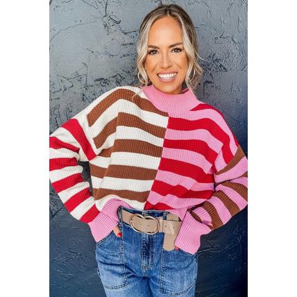 Pink Stripe Color Block High Neck Drop Shoulder Loose Sweater