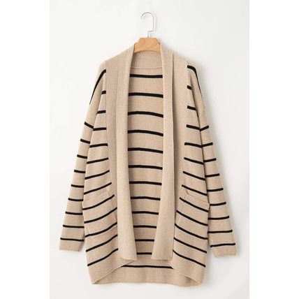 Black Stripe Shawl Neckline Open Cardigan with Pockets