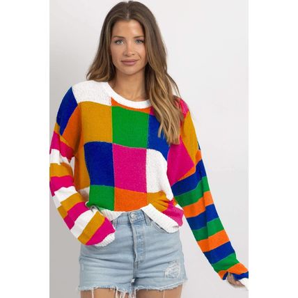 Orange Checkered Color Block Round Neck Loose Sweater