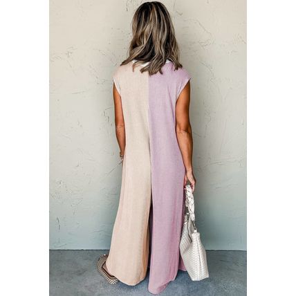Parchment Color Block Corded Knit Buttoned Super Wide Leg Jumpsuit