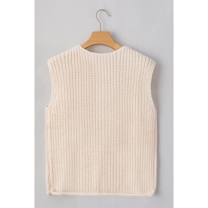 White Solid Textured Knit Side Pockets Buttoned Sweater Vest