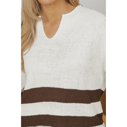 Brown Striped Accent Notched V Neck Cropped Sweater T Shirt
