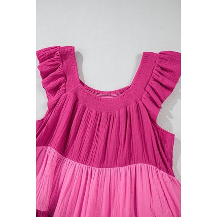 Pink Crinkled Colorblock Patchwork Flutter Tiered Mini Dress