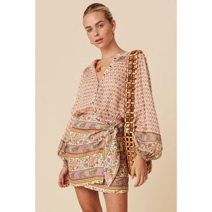 Multicolour Boho Floral Mixed Print Puff Sleeve Shirt