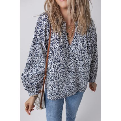 Blue Floral Print Notched V Neck Puff Sleeve Blouse