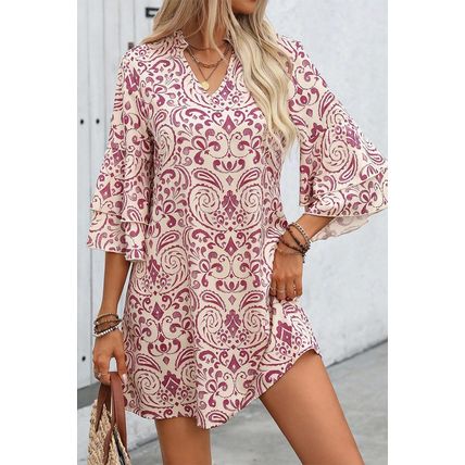 Pink Paisley Print Tiered 3/4 Sleeve Notched Neck Mini Dress