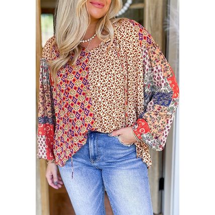Orange Floral Geometric Patchwork Lace-up Crewneck Plus Size Blouse