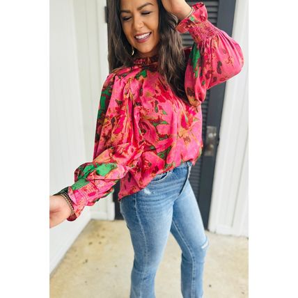 Rose Abstract Print Frilly Neckline Puff Sleeve Blouse