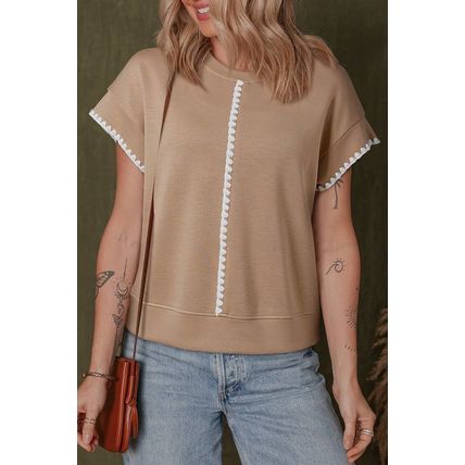 Straw Yellow Ric Rac Color Contrast Ribbed Edge Crewneck T Shirt