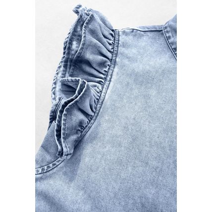 Beau Blue Double Ruffled Sleeves Buttoned A-line Collared Mini Denim Dress