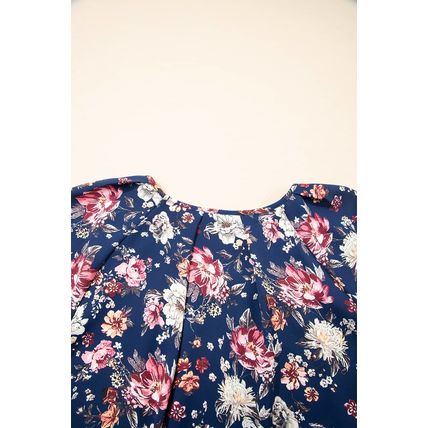 Blue Floral Short Sleeve Scoop Neck Casual Blouse