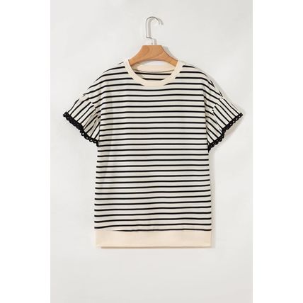 Black Stripe Eyelet Trimmed Ruffled Short Sleeve Plus Size Top