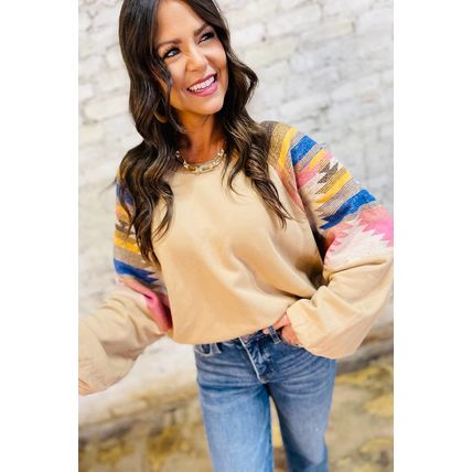 Light French Beige Aztec Patchwork Raglan Pullover Sweatshirt