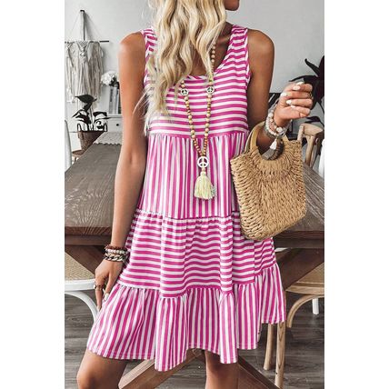 Rose Stripe U Neck Sleeveless Loose Fit Mini Dress