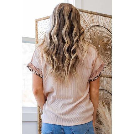 Jet Stream Leopard Patchwork Corded Knit Crew Neck T Shirt