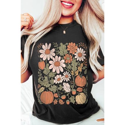 Black Wild Flower Pumpkin Print T Shirt