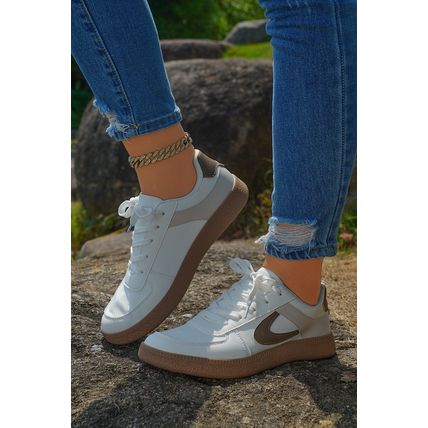 Coffee Color Contrast PU Leather Lace-up Sneakers
