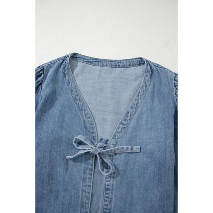 Dusk Blue Tied Front Long Puff Sleeve Denim Top