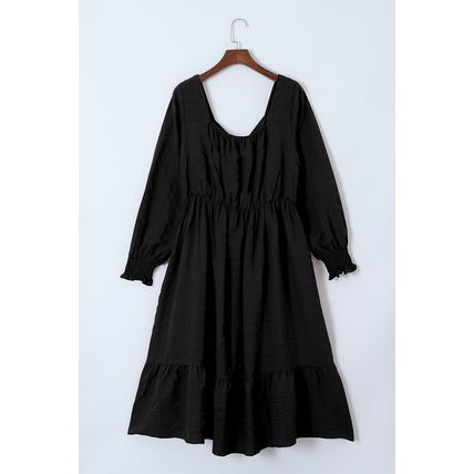 Black Lace-up Ruched Front Long Sleeve Ruffle Hem Plus Size Midi Dress