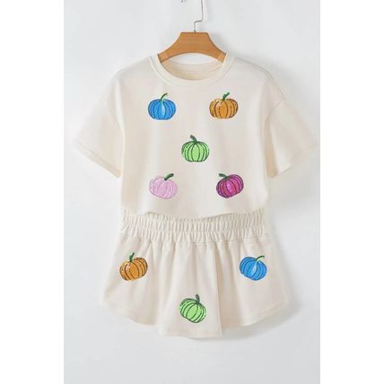 Beige Multicolor Sequin Pumpkin Cropped Tee Loose 2pcs Skort Set