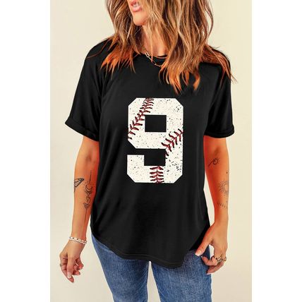 Black Number 9 Distressed Baseball Pattern Oversize Tee
