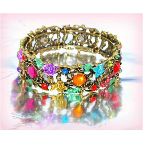 Pretty Bronze Retro Enamel Crystal Floral Bracelet Bangle Jewellery 2118