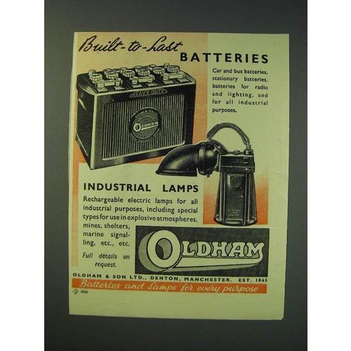 1942 Oldham Batteries and Industrial Lamps Ad - Built-to-Last Batteries