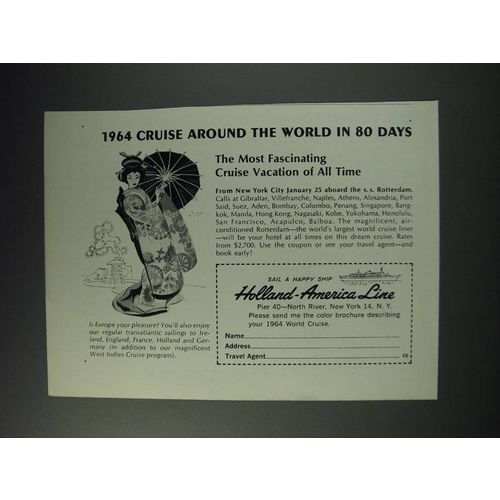 1963 Holland-America Line Ad - 1964 cruise around the world in 80 days