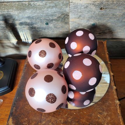 Glass Ball Ornaments - Brown & Pink Polka-Dot Sparkle - Set of 4.
