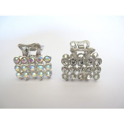 Small mini silver square shaped metal hair claw clip with crystals