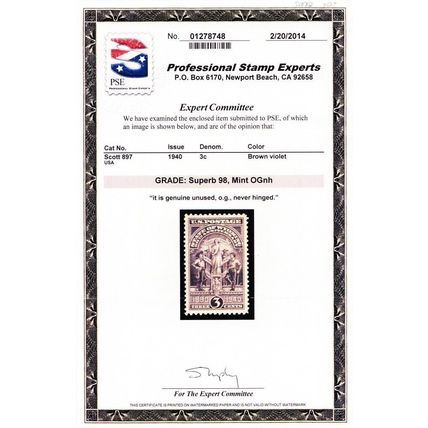 897, Mint Superb NH 3¢ With PSE Graded 98 Certificate * Stuart Katz